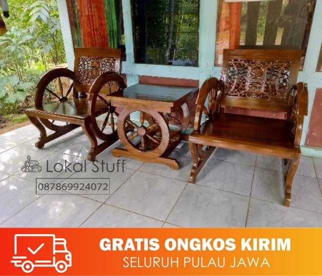 Kursi tamu teras ukiran roda kayu jati jepara